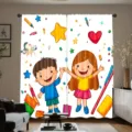 Kids bedroom curtains with cartoon back to school theme featuring boy girl and pencil print - Back To School White Style (CL-003) / 2 Panels (55x150cm)