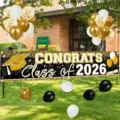 Schwarz-goldenes Congrats Class of 2026 Abschlussbanner für die Gartenparty-Dekoration - Abschluss Stil 8 (SHF-008) / 30x120cm / Schwarz & Gold