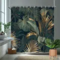 Nordischer Duschvorhang mit dunkelgrünem und goldenem Monstera-Blatt-Digitaldruck - Einzelner Duschvorhang (90x180cm) / Dunkelgrüne Goldene Tropische Pflanze (YL-008)