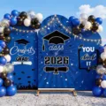 Großes blaues Abschluss Bogen Hintergrund Banner Set für 2026 Party Deko und Fotos. - Blau Gold Weiß Silber Stil (SGX-007)