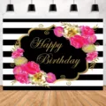 Schwarz-weißer Streifen-Blumen-Happy Birthday-Fotohintergrund für die Partydekoration - Floraler Gestreifter Stil (SBJ-008) / 95x75cm