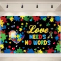 Autism awareness backdrop banner with puzzle pieces and Love Needs No Words text - SBJ-005