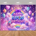 Fondo de cumpleaños K-POP morado con arcoíris, globos y diseño de corona - Estilo de apoyo de ensueño rosa y púrpura (SBJ-009) / 95x75cm