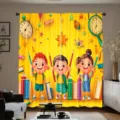 Vibrant Back to School themed curtains with colorful cartoon pencil print for kids - Yellow Clock Style (CL-006)