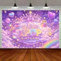 Fondo de fiesta de cumpleaños K-POP morado con nubes y corona - Fondo de Fiesta de Música K-POP (SBJ-010) / 95x75cm
