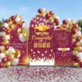 Großes Abschlussbogen-Hintergrundbild Set mit Ballons für Partydekoration und Fotografie. - Rot Weiß Gold Stil (SGX-009)