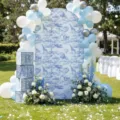 Toile de fond arche safari bleue française pour baby shower avec ballons et décoration. - Style d'Impression Français (SGX-004) / 50x120CM (Polyester Standard)