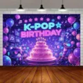 Fondo de fiesta de cumpleaños K-Pop con luces de neón, pastel rosa y tema musical - Estilo SBJ-011 / 95x75cm