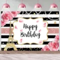 Fotohintergrund Happy Birthday mit rosa Blumen, schwarzen Streifen und Eiffelturm - SBJ-010 / 95x75cm