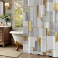 Moderner geometrischer Duschvorhang mit grauen und goldenen Rechtecken im Badezimmer - Einzelner Duschvorhang 90x180cm / Grau Weiß Gold Geometrisches Spleißen (YL-011)