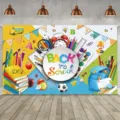 Ζωντανό φόντο φωτογραφίας Back to School με πολύχρωμα και όμορφα σχέδια σχολικών ειδών - Στυλ SBJ-009 / 95x75cm