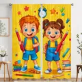 Vibrant yellow children's bedroom curtains featuring back-to-school cartoon pencil prints - Sunshine Yellow Student Style (CL-009)