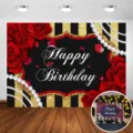 Rote Rose und schwarz-gold gestreifter Happy Birthday Hintergrund für Party Deko - SBJ-012 / 95x75cm