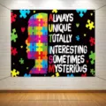 Autism awareness backdrop with colorful puzzle child silhouette and motivational quote - SBJ-009