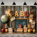 Σχολικό φόντο φωτογραφίας με γράμματα ABC, βιβλία και μήλα για διακόσμηση πάρτι. - Θέμα Ρετρό Κόκκων Ξύλου Επιστροφή στο Σχολείο (SBJ-010) / 95x75cm