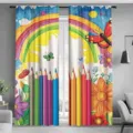 Colorful children's curtains with rainbow and pencil prints for vibrant bedroom decor - Rainbow Butterfly Sky Style (CL-010)