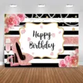 Schwarz-weiß gestreifter Geburtstags-Fotohintergrund mit rosa Glitzer und Rosen - Gestreifter Rosen-High-Heel-Stil (SBJ-013) / 95x75cm