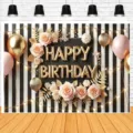 Schwarz-weiß gestreifter Geburtstags-Hintergrund mit goldenem Text und Rosen - Geburtstagsparty-Hintergrund (SBJ-014) / 95x75cm / Schwarz Weiß Gold