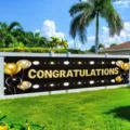 Großes schwarz-goldenes Banner Herzlichen Glückwunsch mit Ballons für den Garten im Freien - Schwarzgold-Feierstil (SHF-016) / 30x120cm