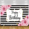 Hochwertiger Fotohintergrund zum Geburtstag mit rosa Rosen und schwarzen Streifen - SBJ-015 / 95x75cm