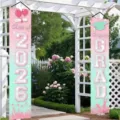 Pink and teal graduation porch banners featuring Class of 2026 and Congrats GRAD - Pink Green Gradient Graduation Style (SDL-017) / 30x150cm