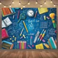 Φόντο φωτογραφίας Back to School με χειροποίητα σχολικά είδη σε μπλε μαυροπίνακα - Στυλ SBJ-015 / 95x75cm