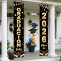 Elegant black and gold Graduation porch banners featuring Spanish Feliz Graduacion 2026 text - Spanish Graduation Theme Style (SDL-021) / 30x150cm