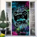 Couverture de porte Game Zone style graffiti coloré pour déco chambre de gamer - ML-001 (Game Zone Graffiti Violet) / 90x180cm