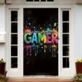 Couverture de porte GAMER style graffiti cool pour décoration de salle de jeux - ML-003 (GAMER Éclaboussures Arc-en-ciel) / 90x180cm