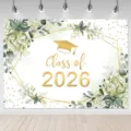 Graduation photography backdrop with green eucalyptus leaves and Class of 2026 text. - 95x75cm