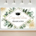Graduation backdrop photography banner with green leaves and gold glitter party decor - 95x75cm