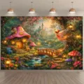 Sfondo foresta incantata con casa fungo per decorazione compleanno bambini - Stile Castello Fiabesco Fantastico (SBJ-003) / 95x75cm