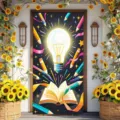 Couverture de porte thème rentrée scolaire avec ampoule et livre pour décor de classe - Style Ampoule Créative et Livre (ML-001) / 90x180cm