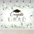 Graduation photography backdrop green eucalyptus leaves gold glitter graduation hat booth - 95x75cm