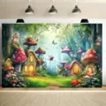 Sfondo a tema foresta fatata con case fungo per decorazione feste di compleanno bimbi. - Stile Casa Fungo Foresta Sogno (SBJ-002) / 95x75cm