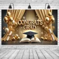 Black and gold graduation party backdrop with Congrats Grad text and balloons - 95x75cm