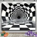 Black and white checkerboard tunnel photography backdrop for party photo booth decoration. - 95x75cm