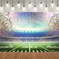 Festlicher Hintergrund für American-Football-Stadion mit grünem Rasen und buntem Konfetti - Amerikanisches Fußballfeld (SBJ-001) / 95x75cm
