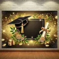 Elegant black and gold graduation backdrop with mortarboard and diploma for party photos - Graduation Style (SBJ-002) / 95x75cm / Black & Gold