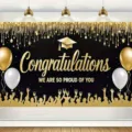 Black and gold graduation party backdrop with balloons and Congratulations message. - SBJ-003 / 95x75cm