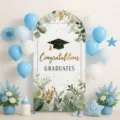 Graduation themed arched backdrop cover with foliage and congratulations text for party decor - Regular Polyester / 50X120CM