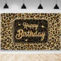 Klassischer Fotohintergrund mit Leopardenmuster und goldenem Happy Birthday Schriftzug - Leopard-Party-Hintergrund (SBJ-003) / 95x75cm