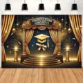 Elegant black and gold graduation party backdrop with gold curtain and cap - Black Gold Curtain and Dr. Cap Style (SBJ-004) / 95x75cm / Black & Gold