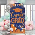 Blue arch backdrop cover with orange glitter Cogrgs GRAD for graduation party decor - Standard Polyester (SGX-002) / 50X120CM