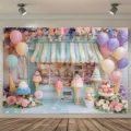 Fotohintergrund mit Blumen und Eisdiele für Studio-Porträts und Partydekoration - 95x75cm / SBJ-004