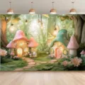 Sfondo casa dei funghi della foresta incantata per decorazione festa di compleanno. - Stile Casa Fungo Macaron (SBJ-004) / 95x75cm