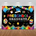 Fondo colorido para graduado de preescolar con lápices y globos para fiesta escolar - Fondo de Graduación Preescolar (SBJ-003) / 95x75cm