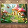 Sfondo foresta con casa fungo fiabesco per la decorazione di festa compleanno bambini - Stile Casa Fungo Fiabesco Classico (SBJ-005)