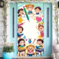 Bannière de porte thème école avec d'adorables écoliers de dessin animé et fournitures - Style Étudiant Dessin Animé Chibi (ML-006) / 90x180cm
