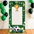 Green soccer theme party backdrop with trophy and balloon decorations for photo prop - 120x60cm